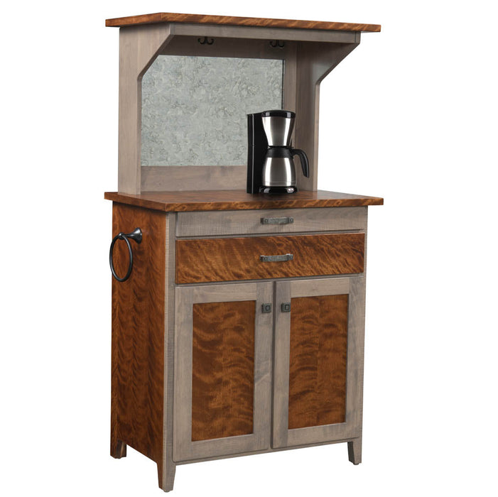 Amish Charleston 2-Tone Coffee Bar - Flaming Birch + Brown Maple Combo -- Coffee Hutch With Outlet and Mug Hangers - K-Cup Holder - Pull-out Surface - Storage Underneath - Solid Wood - Blank Photo