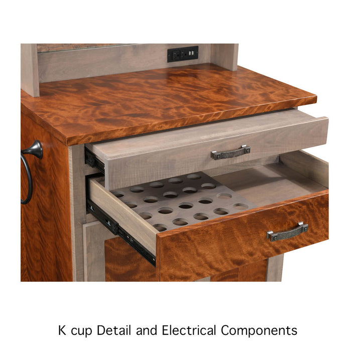 Amish Charleston 2-Tone Coffee Bar - Flaming Birch + Brown Maple Combo -- Coffee Hutch With Outlet and Mug Hangers - K-Cup Holder - Pull-out Surface - Storage Underneath - Solid Wood - Drawers Open