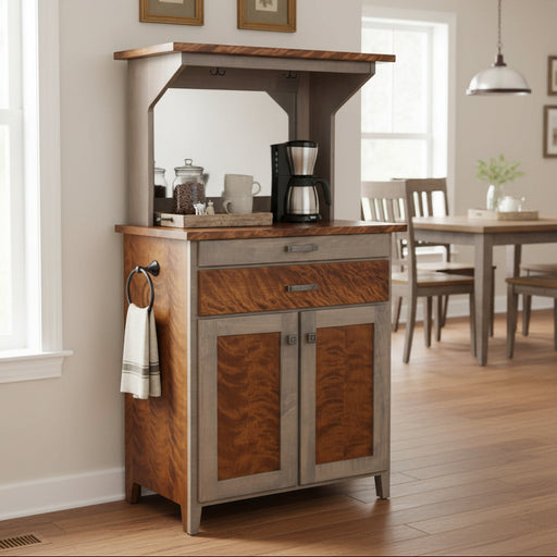 Amish Charleston 2-Tone Coffee Bar - Flaming Birch + Brown Maple Combo -- Coffee Hutch With Outlet and Mug Hangers - K-Cup Holder - Pull-out Surface - Storage Underneath - Solid Wood - In-Home