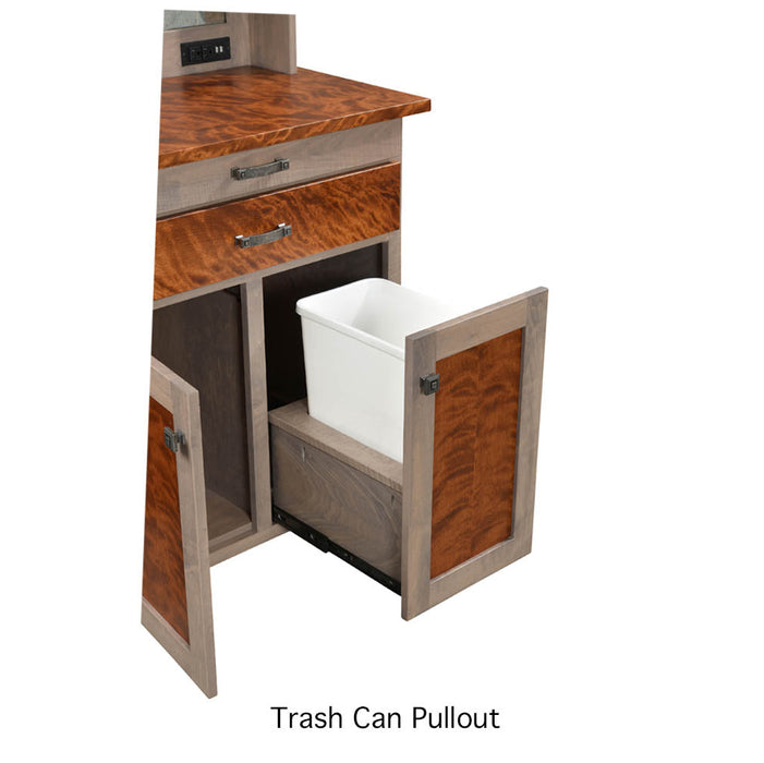 Amish Charleston 2-Tone Coffee Bar - Flaming Birch + Brown Maple Combo -- Coffee Hutch With Outlet and Mug Hangers - K-Cup Holder - Pull-out Surface - Storage Underneath - Solid Wood - Trash Can Pullout