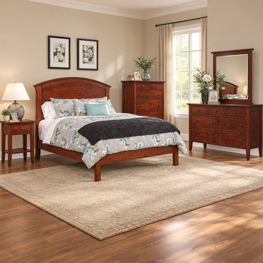 Amish Chelsea Bedroom Set - Amish Traditional Cherry Bedroom Set - Arched Panel Bed - Shaker Style Feet Bedroom Pieces - In-Bedroom Photo