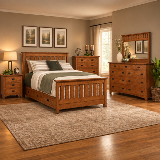 Amish Claremont Mission Bedroom Set - Solid Quarter Sawn White Oak Mission Bedroom Set - Slat Bed With Under Bed Storage - OCS-113 Michaels - Nisley Cabinet - In-Room Photo