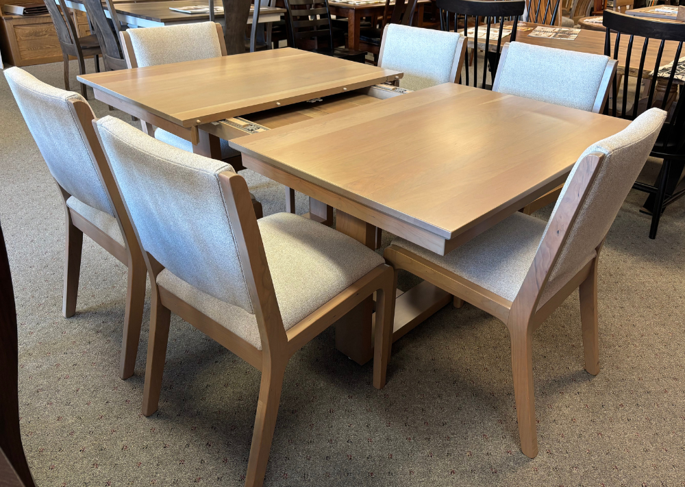 Amish Clark Double Pedestal Dining Table - Coleman Fabric Dining Chairs - Wengerd Wood - 42" x 72" Table With 2 12" Leaves - Solid Cherry Wood Table and Chairs