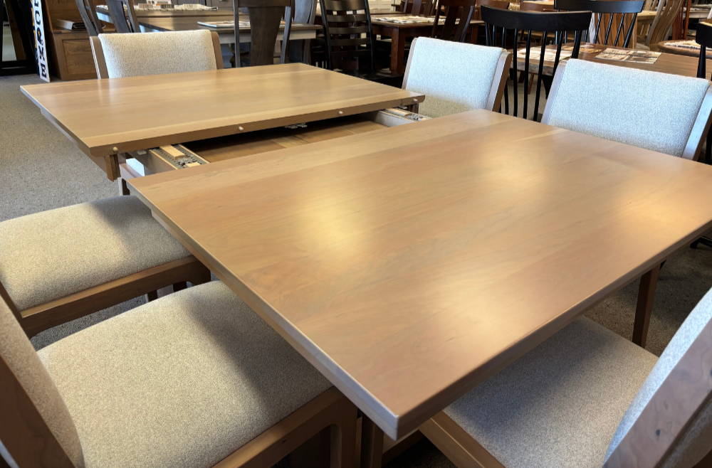 Amish Clark Double Pedestal Dining Table - Coleman Fabric Dining Chairs - Wengerd Wood - 42" x 72" Table With 2 12" Leaves - Solid Cherry Wood Table and Chairs 5