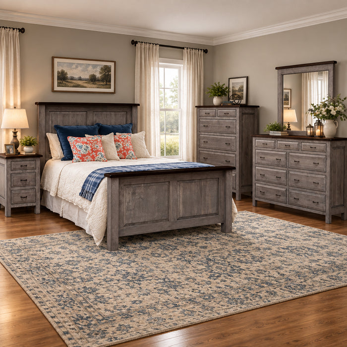 Amish Cleveland 2-Tone Bedroom Set - Contemporary Amish 5-Piece Bedroom Set - 2-Tone Brown Maple - Gray Stain - Rough Sawn Tops - In-Bedroom Photo