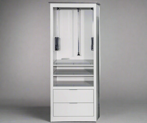 Tall white closet cabinet withrev-a-shelf pull down clothing bar doors  shoe racks and storage drawers amish closet cabinet