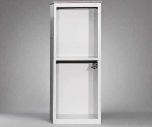 Tall white closet cabinet with a silver handle on a white background