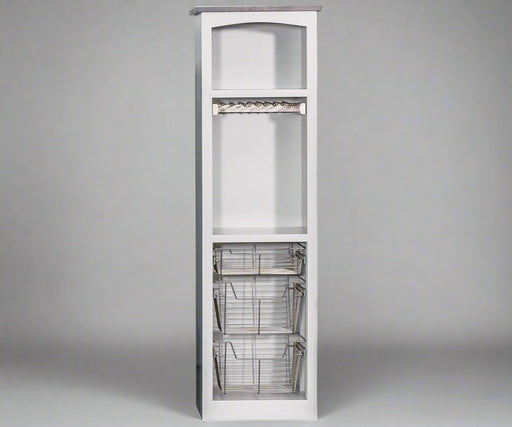 Tall white closet cabinet with wire baskets on a white background amish built custom closets