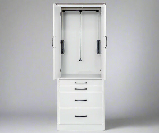 White wardrobe with open door showing interior shelves and drawers on a white background
