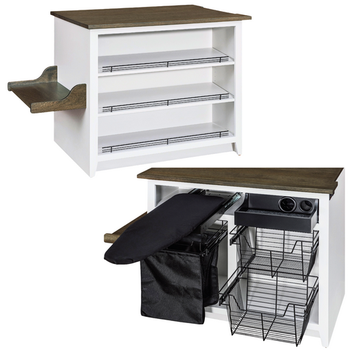 White cabinet with wooden top and pull-out ironing board and storage drawers on a white background