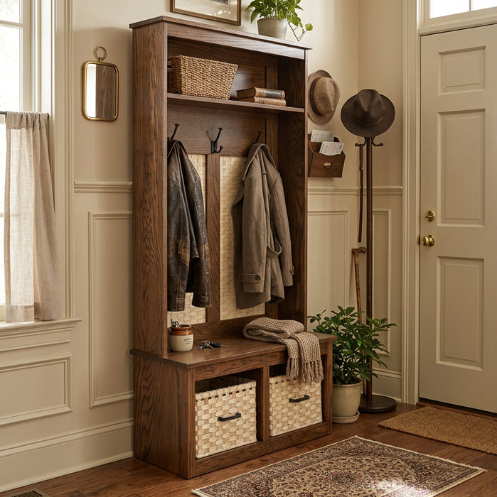 A tall wooden entryway hall tree with a warm medium-brown wood finish, featuring a top shelf with three black coat hooks, two woven wicker hanging panels, a wooden bench seat, and two woven storage baskets in the base.