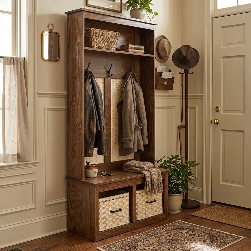 A tall wooden entryway hall tree with a warm medium-brown wood finish, featuring a top shelf with three black coat hooks, two woven wicker hanging panels, a wooden bench seat, and two woven storage baskets in the base.