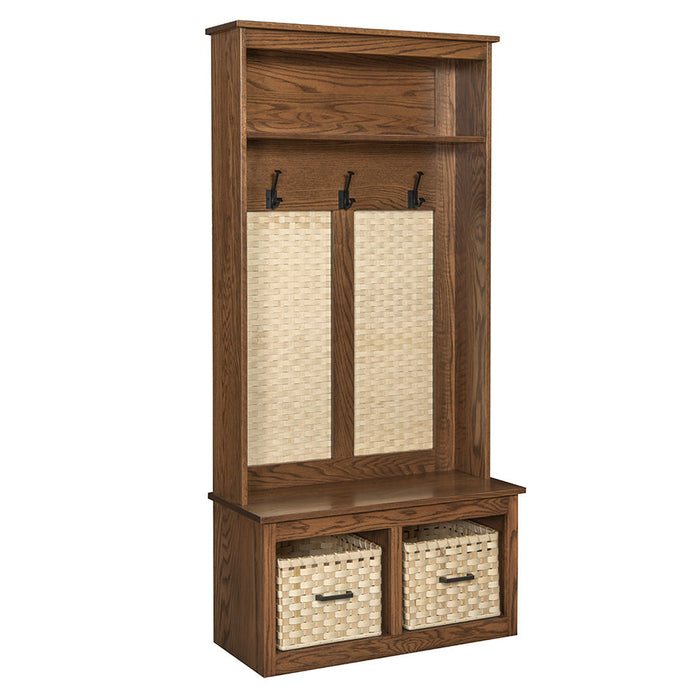 Wooden hall tree with storage baskets and hooks on a white background