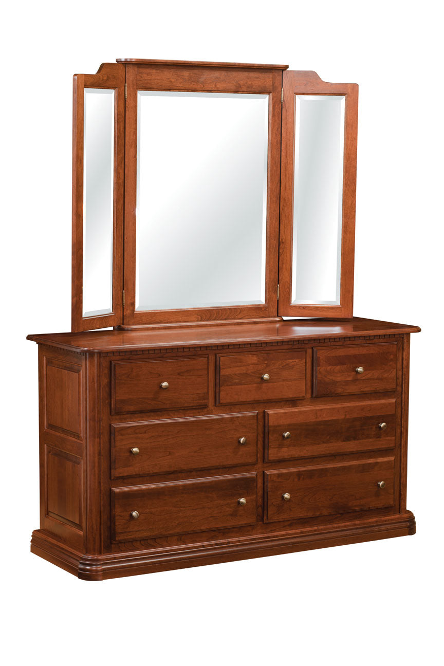 Amish Colonial Dresser With Tri-Fold Mirror - Solid Cherry