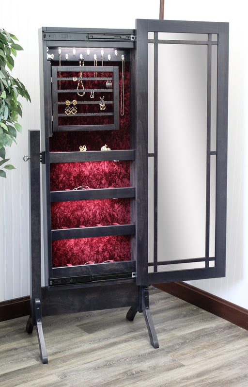 Amish Colonial Mission Jewelry Cheval Mirror
Sliding Mirror (Slides To The Right Standard)
Hinged Earring Door
11 Hook Necklace Board
1st Shelf: 3 Ring Slots
2nd Shelf: 3 Dividers
3rd Shelf: 4 Dividers
Bottom Shelf: 1 Divider