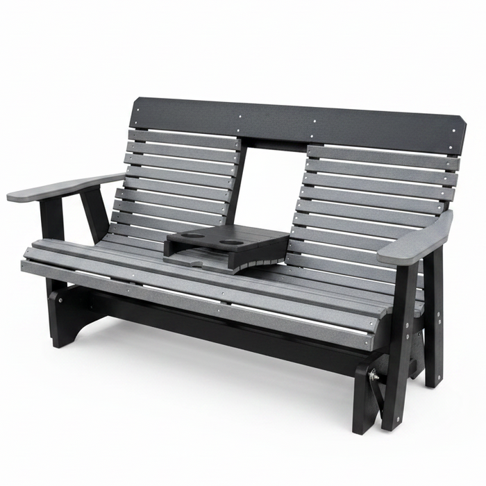 Amish Comfort Back 5' Glider - HDPE Poly Amish Bench Glider - tangent Poly - In-Stock - Dark Gray on Black