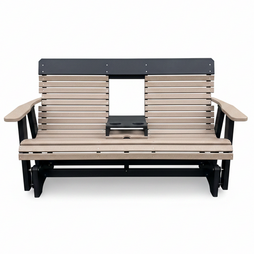 Amish Comfort Back 5' Glider - HDPE Poly Amish Bench Glider - tangent Poly - In-Stock - Weatherwood on Black
