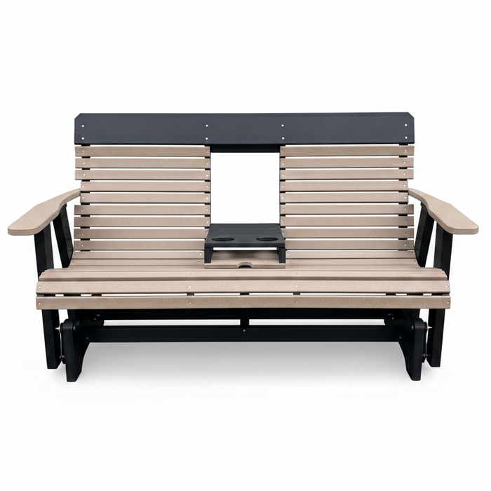 Amish Comfort Back 5' Glider - HDPE Poly Amish Bench Glider - tangent Poly - In-Stock - Weatherwood on Black