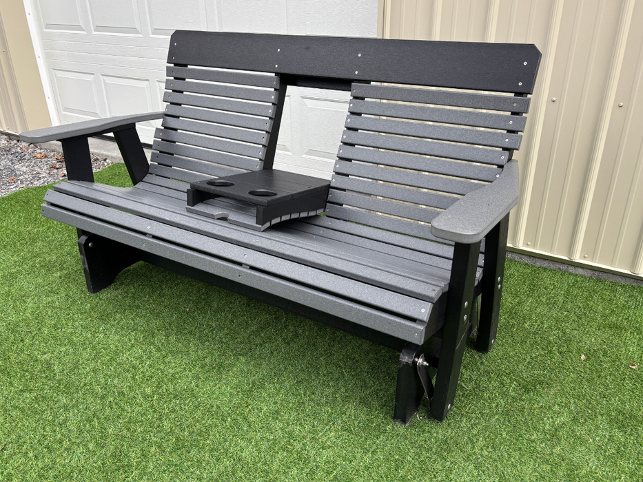 Amish Comfort Back 5' Settee Glider - Tangent Poly - Dark Gray on Black