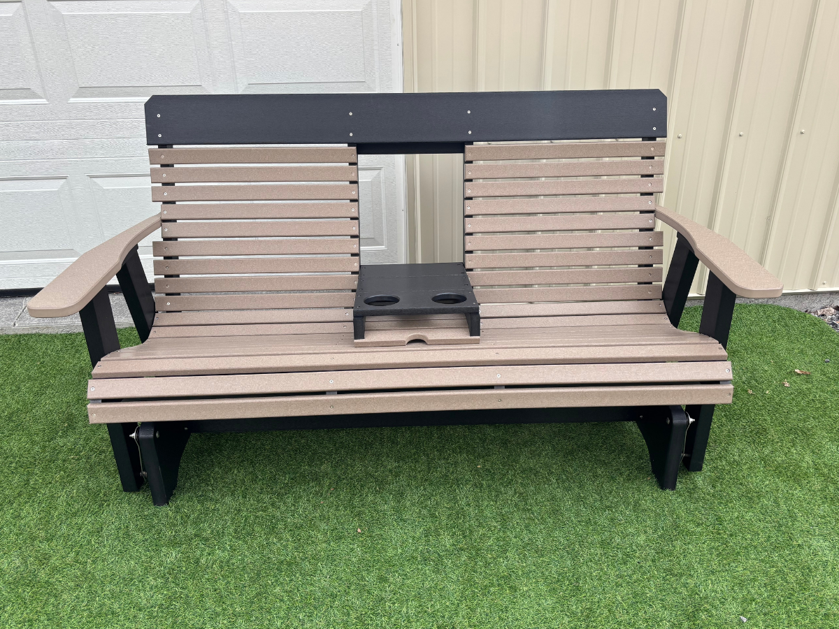 Amish Comfort Back 5' Settee Glider - Tangent Poly - Weatherwood on Black