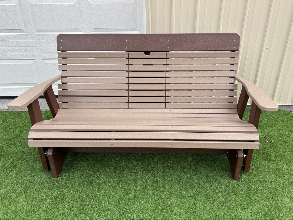 Amish Comfort Back 5' Settee Glider - Tangent Poly - Weatherwood on Brown - 2