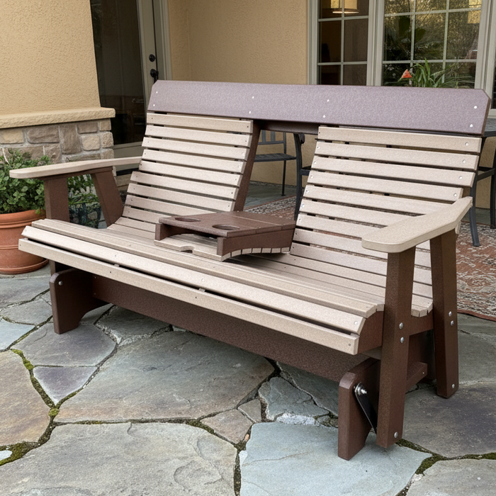 Amish Comfort Back 5' Settee Glider - Tangent Poly - Weatherwood on Brown