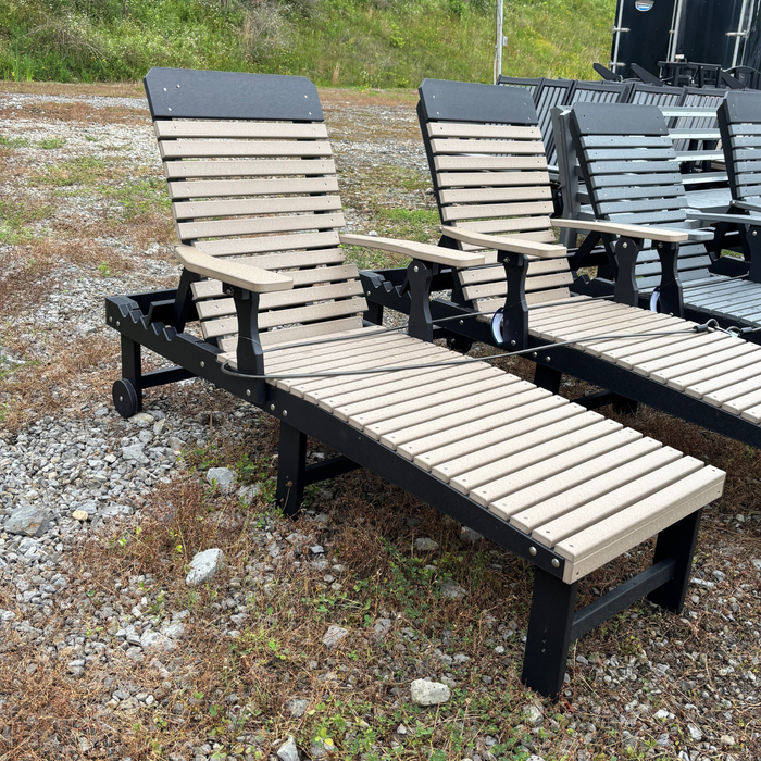 Amish Comfort Back Chaise Lounge - In-Stock - Weatherwood  on Black - Real Photo