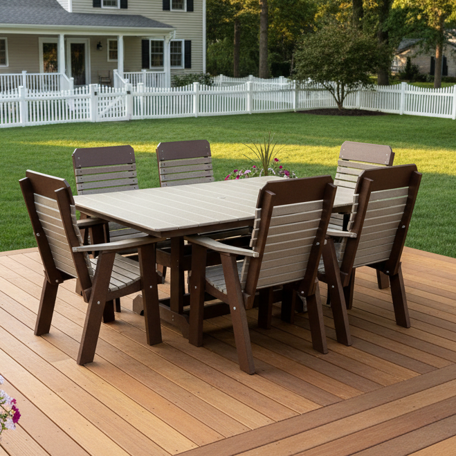 Amish Comfort Back Dining Set - 44" x 72" Table - (6) Comfort Back Dining Chairs - Weatherwood on Brown - Tangent Poly 1