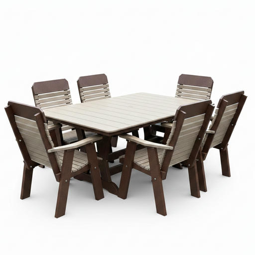 Amish Comfort Back Dining Set - 44" x 72" Table - (6) Comfort Back Dining Chairs - Weatherwood on Brown - Tangent Poly