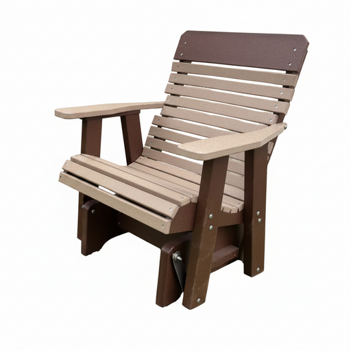 Amish Comfort Back Glider - Amish HDPE Poly Glider - Tangent Poly - Polywood Glider - Weatherwood on Brown - In-Stock