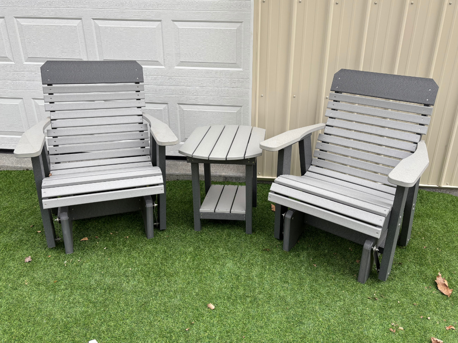 Amish Comfort Back Glider Set With End Table - Tangent Poly - Light Gray on Dark Gray 2