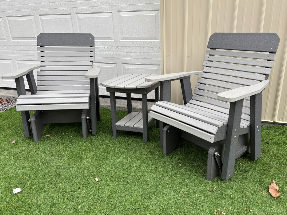 Amish Comfort Back Glider Set With End Table - Tangent Poly - Light Gray on Dark Gray