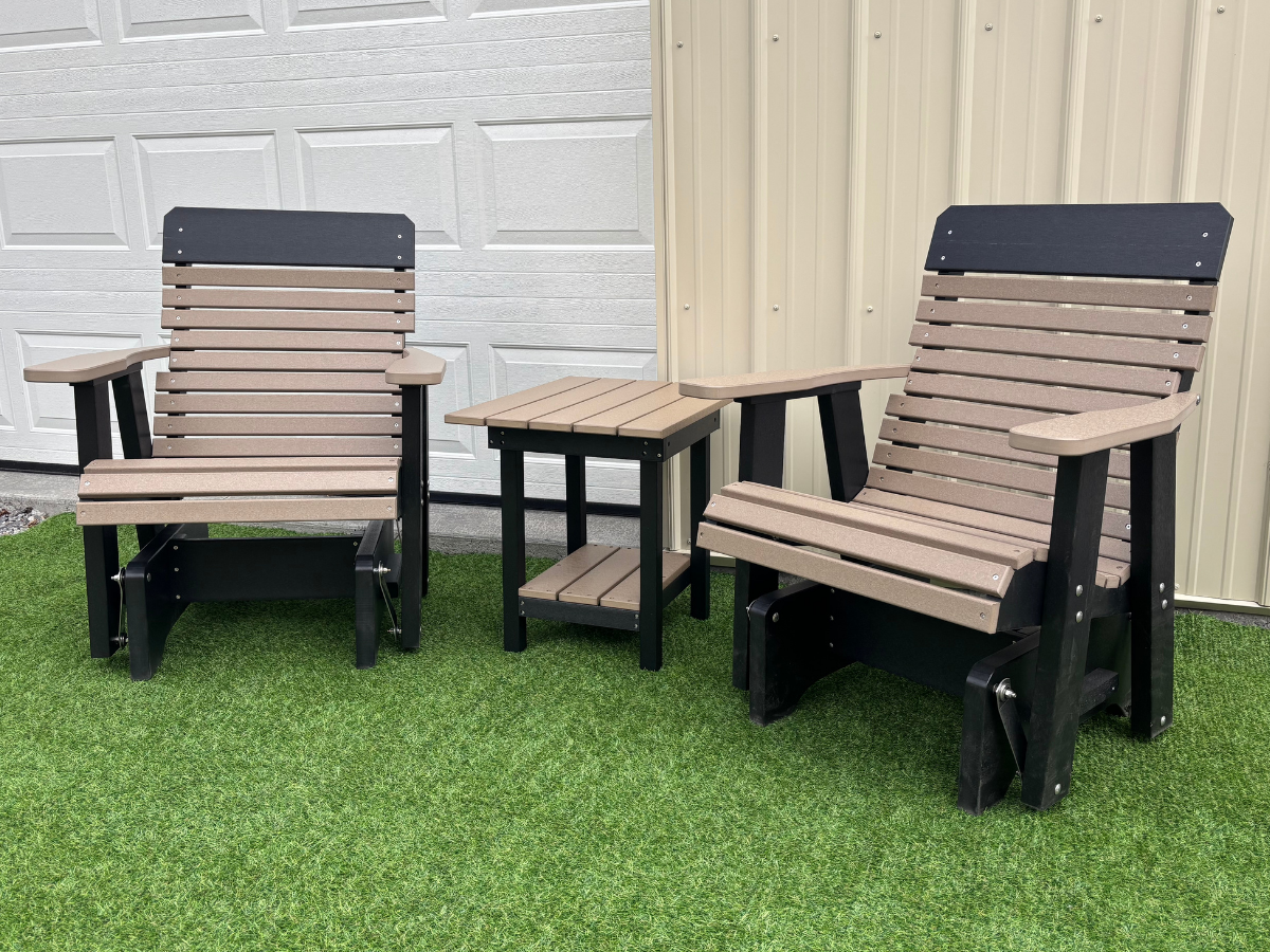 Amish Comfort Back Glider Set With End Table - Tangent Poly Weatherwood on Black 2