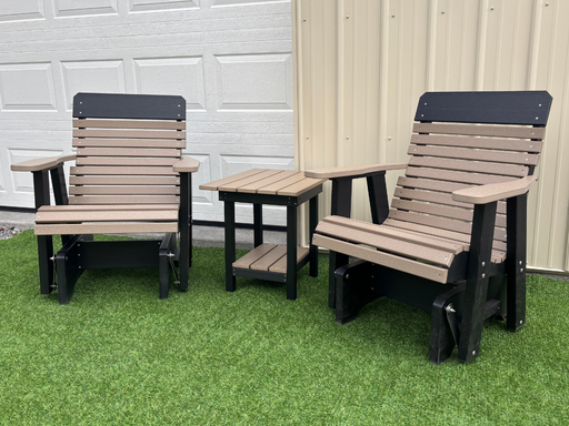Amish Comfort Back Glider Set With End Table - Tangent Poly Weatherwood on Black 2