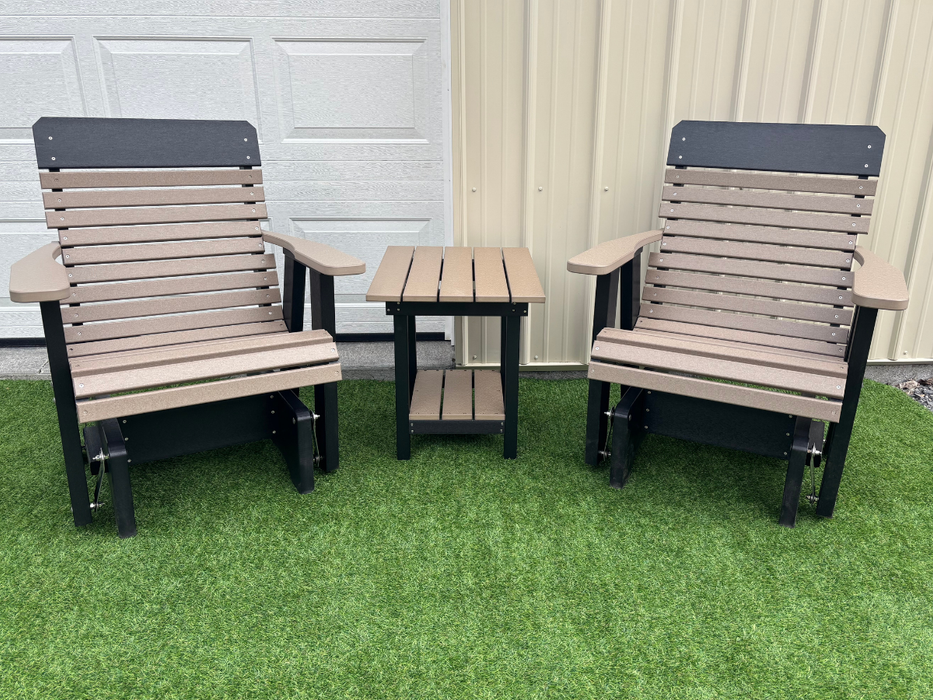 Amish Comfort Back Glider Set With End Table - Tangent Poly Weatherwood on Black