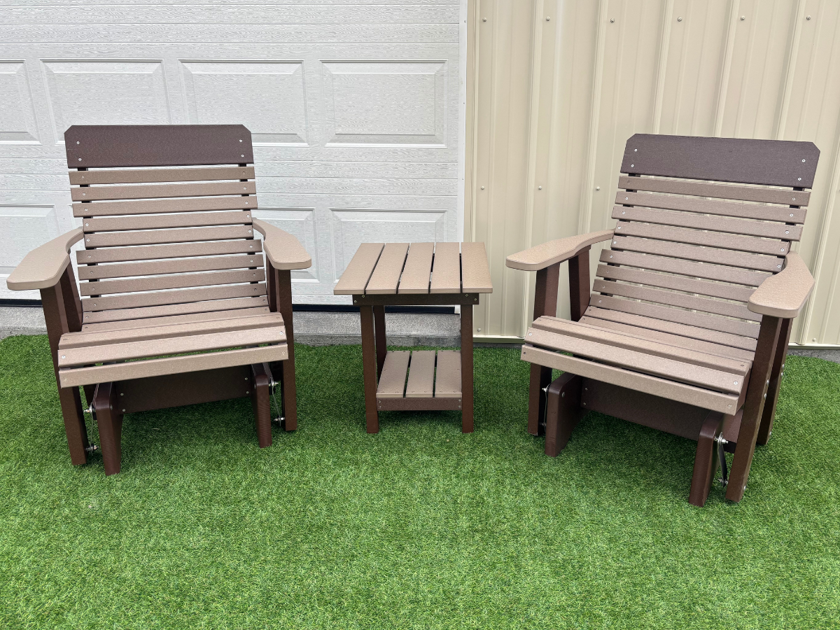 Amish Comfort Back Glider Set With End Table - Tangent Poly Weatherwood on Brown 2
