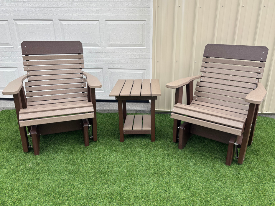 Amish Comfort Back Glider Set With End Table - Tangent Poly Weatherwood on Brown 2