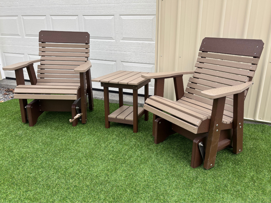 Amish Comfort Back Glider Set With End Table - Tangent Poly Weatherwood on Brown