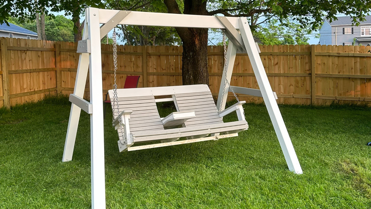 Amish Comfort Back Poly 5' Settee Swing - Light Grayon White Poly - Hogback - Swing With A-Frame Picture