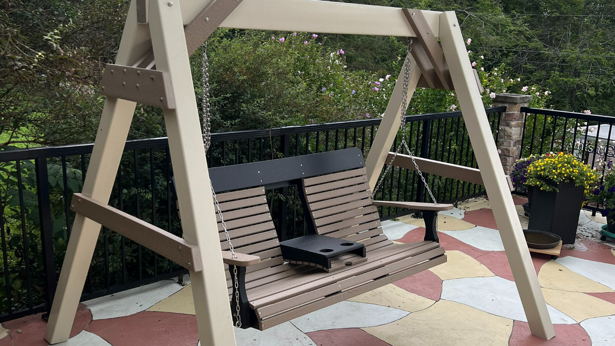 Amish Comfort Back Poly 5' Settee Swing - Weatherwood on Black Poly - Hogback - Swing With A-Frame Picture