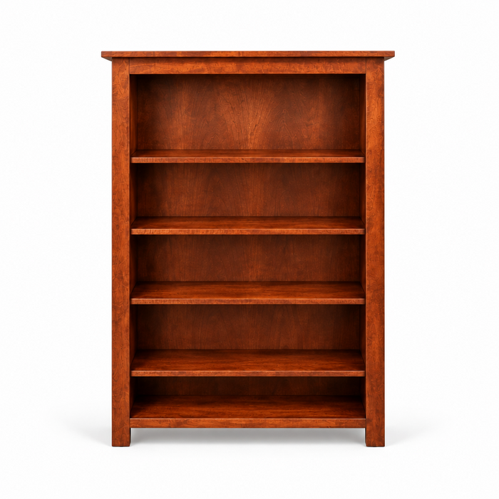 A four-shelf wooden bookcase with a warm reddish-brown finish, shown from the front against a plain white background.