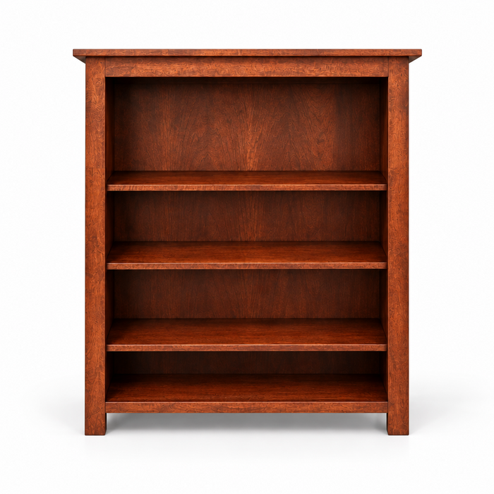 A three-tier wooden bookcase with a warm reddish-brown finish, shown against a plain white background.