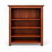 A three-tier wooden bookcase with a warm reddish-brown finish, shown against a plain white background.