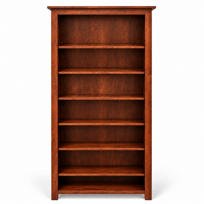 A tall, six-shelf wooden bookcase with a warm reddish-brown finish, shown against a plain white background.