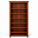 A tall, six-shelf wooden bookcase with a warm reddish-brown finish, shown against a plain white background.