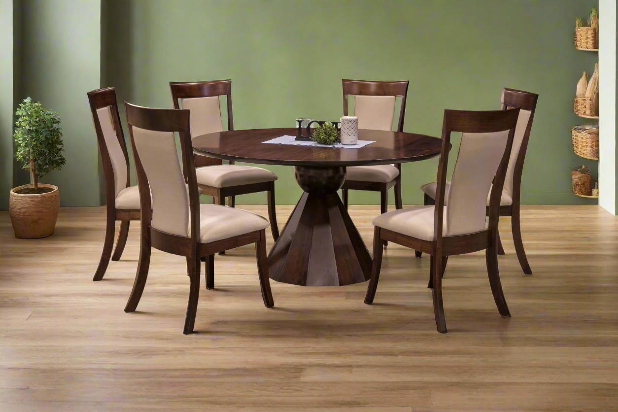 Amish Coral Round Dining Table & Chair Set - Amish Round Single Pedestal Dining Set - Amish Dining Set With Fabric Chairs - Solid Chery Amish Dining Set