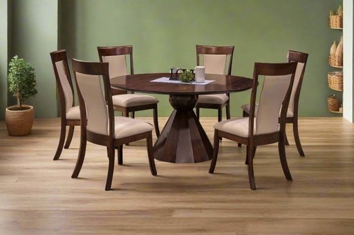 Amish Coral Round Dining Table & Chair Set - Amish Round Single Pedestal Dining Set - Amish Dining Set With Fabric Chairs - Solid Chery Amish Dining Set