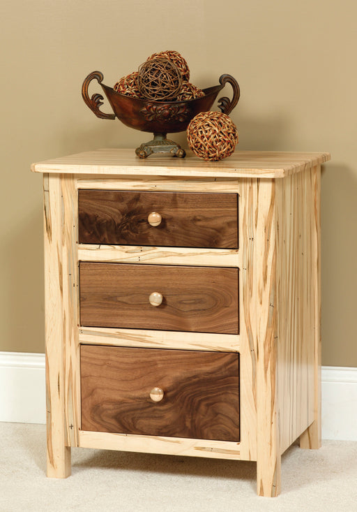 Amish Cornwell 3 Drawer Nightstand Contemporary Style in a Two Toned Look With Driftwood Stain on a Brown Maple frame and a Natural Finish on Wormy Maple Tops and Drawers