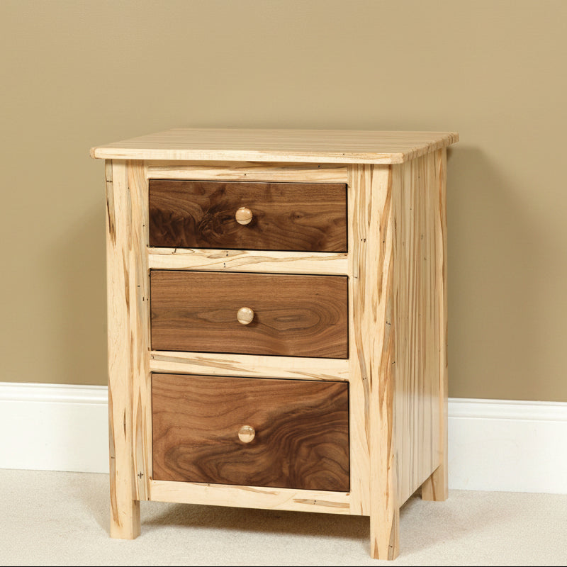 Amish Cornwell 3 Drawer Nightstand Contemporary Style in a Two Toned Look With Driftwood Stain on a Brown Maple frame and a Natural Finish on Wormy Maple Tops and Drawers