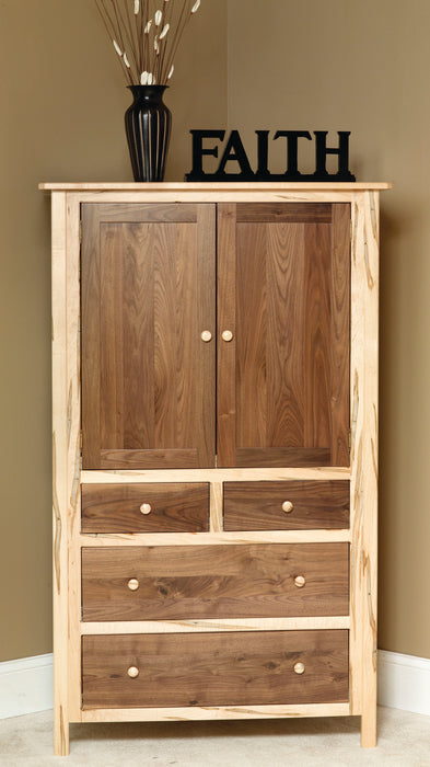 Amish Cornwell Armoire Contemporary Style in a Two Toned Look With Driftwood Stain on a Brown Maple frame and a Natural Finish on Wormy Maple Tops and Drawers